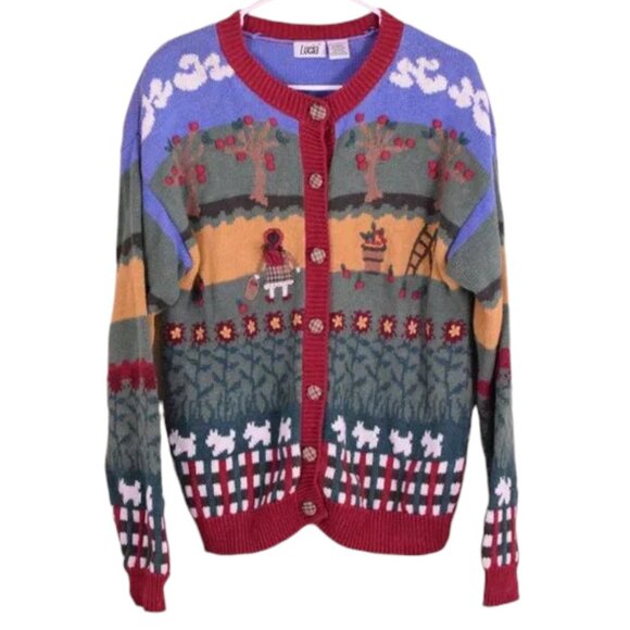 Vintage Sweaters - Vintage 90's Lucia Fall Apple Tree Novelty Knit Cardigan Grandmacore Teacher - L